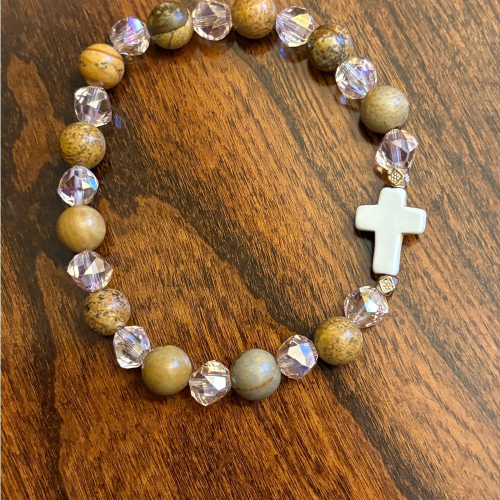 Natural Jasper, Bethlehem Olive Wood & Cross Bracelet